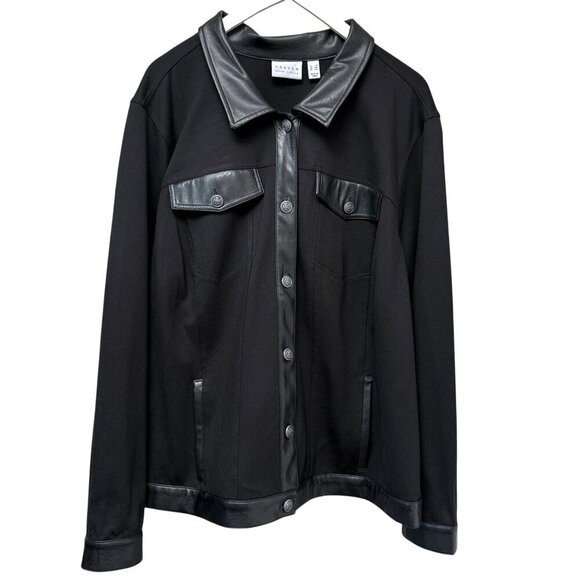 SUSAN GRAVER Shirt Jacket Plus Size 3X Black Ponte Stretch Knit w/ Faux Leather - Picture 1 of 12